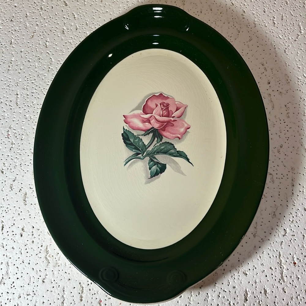 Taylor Smith Platter/Wall Hanging Plate 13.5”Oval Handles Green Trim Pink Rose